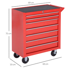 DURHAND 7-Drawer Rolling Tool Chest on Wheels, Lockable Tool Cabinet with Side Handle, Metal Tool Box Trolley for Garage, Workshop, Red