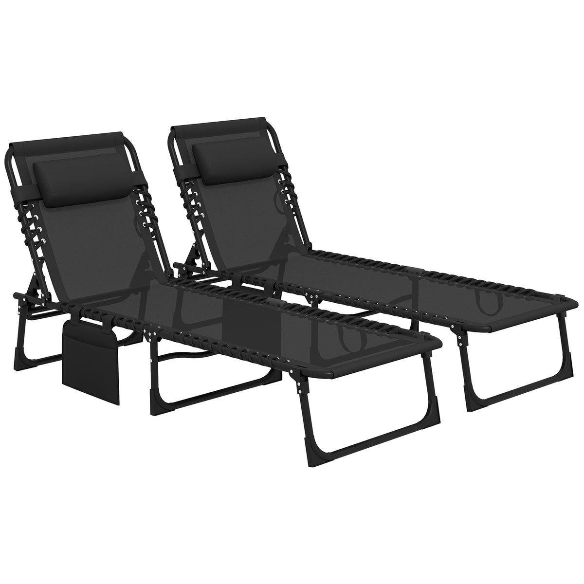 Outsunny Portable Sun Lounger Set of 2, Folding Camping Bed Cot, Reclining Lounge Chair 5-position Adjustable Backrest with Side Pocket, Pillow for Patio Garden Beach Pool, Black