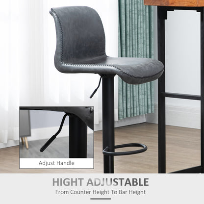HOMCOM Set of 2 Bar Stool, Adjustable Height PU Leather Barstools with Swivel Seat and Footrest for Breakfast Bar, Kitchen and Home, Dark Grey