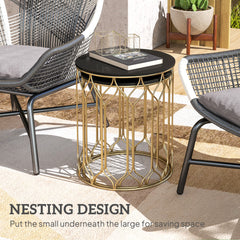 Outsunny Garden Side Table Set of 2, Nesting Tables with Ceramic Tile Top, Indoor Outdoor Small Garden Tables, Multifunctional End Tables with Metal Frame for Patio, Balcony, Porch, Black