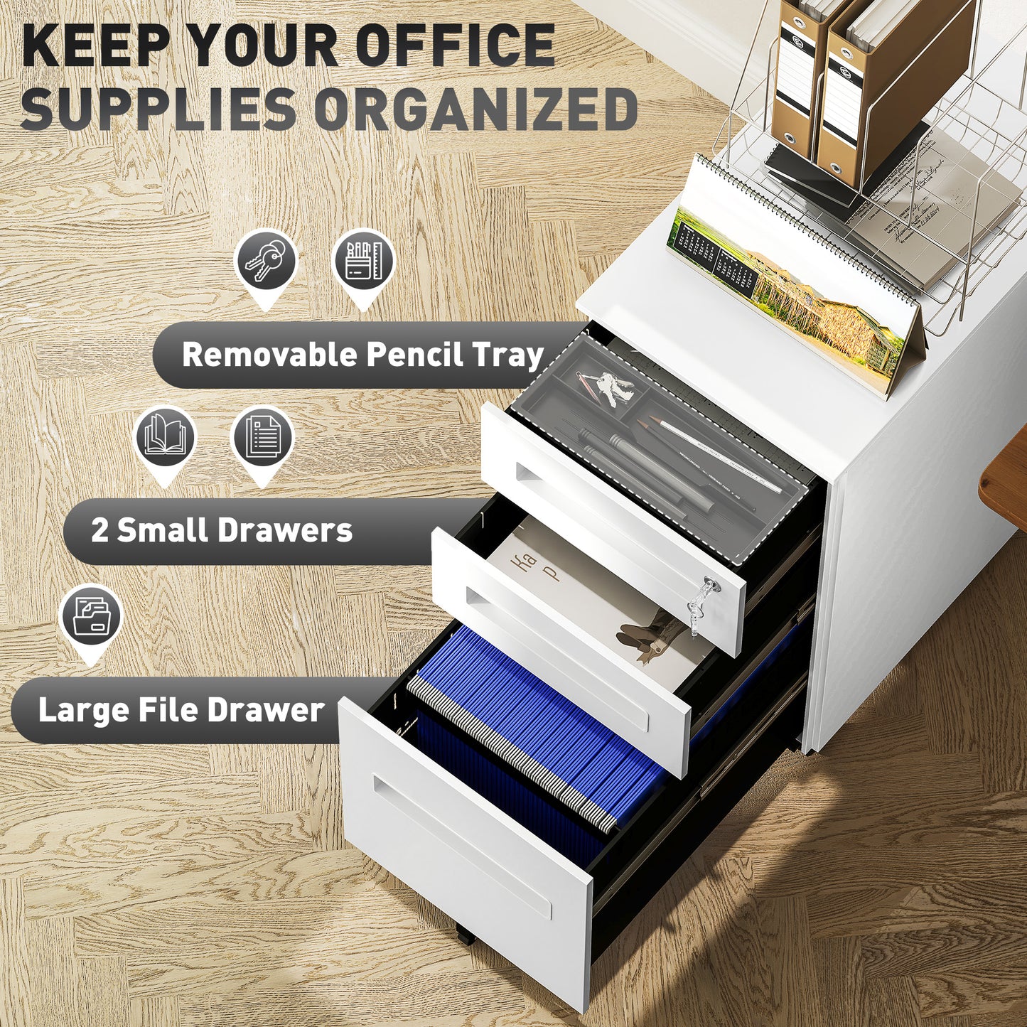 Vinsetto Metal Mobile File Cabinet with Wheels, Lockable 3 Drawer Filing Cabinet for A4, Legal, Letter, Under Desk Office Cabinet with Pre-Assembled Body for Home Office, 30 x 43.5 x 60 cm, White