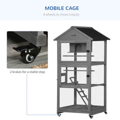 PawHut Bird Cage budgie cage Wooden Outdoor Aviary with Wheels for Canary Finch with Asphalt Roof Perch Nest Ladder Slide-out Tray, Grey