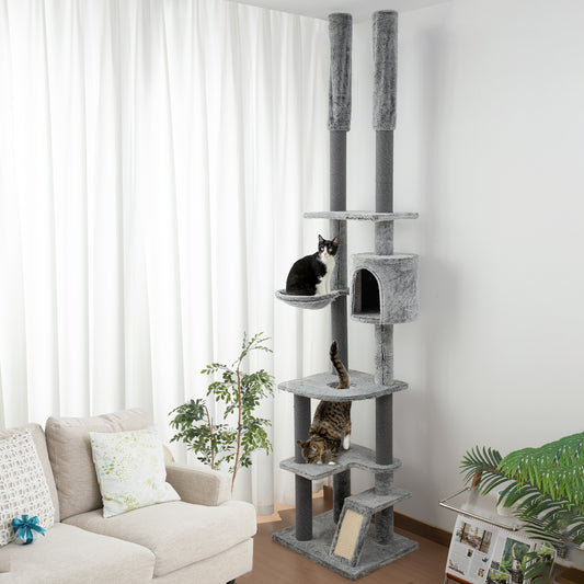 PawHut 225-255cm Floor to Ceiling Cat Tree, Large Cat Tower w/ Cat Scratching Posts, Ramp, Cat House