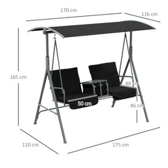 Outsunny 2 Seater Garden Swing Chair Patio Rocking Bench w/ Tilting Canopy, Double Padded Seats, Storage Bag and Tray, Black