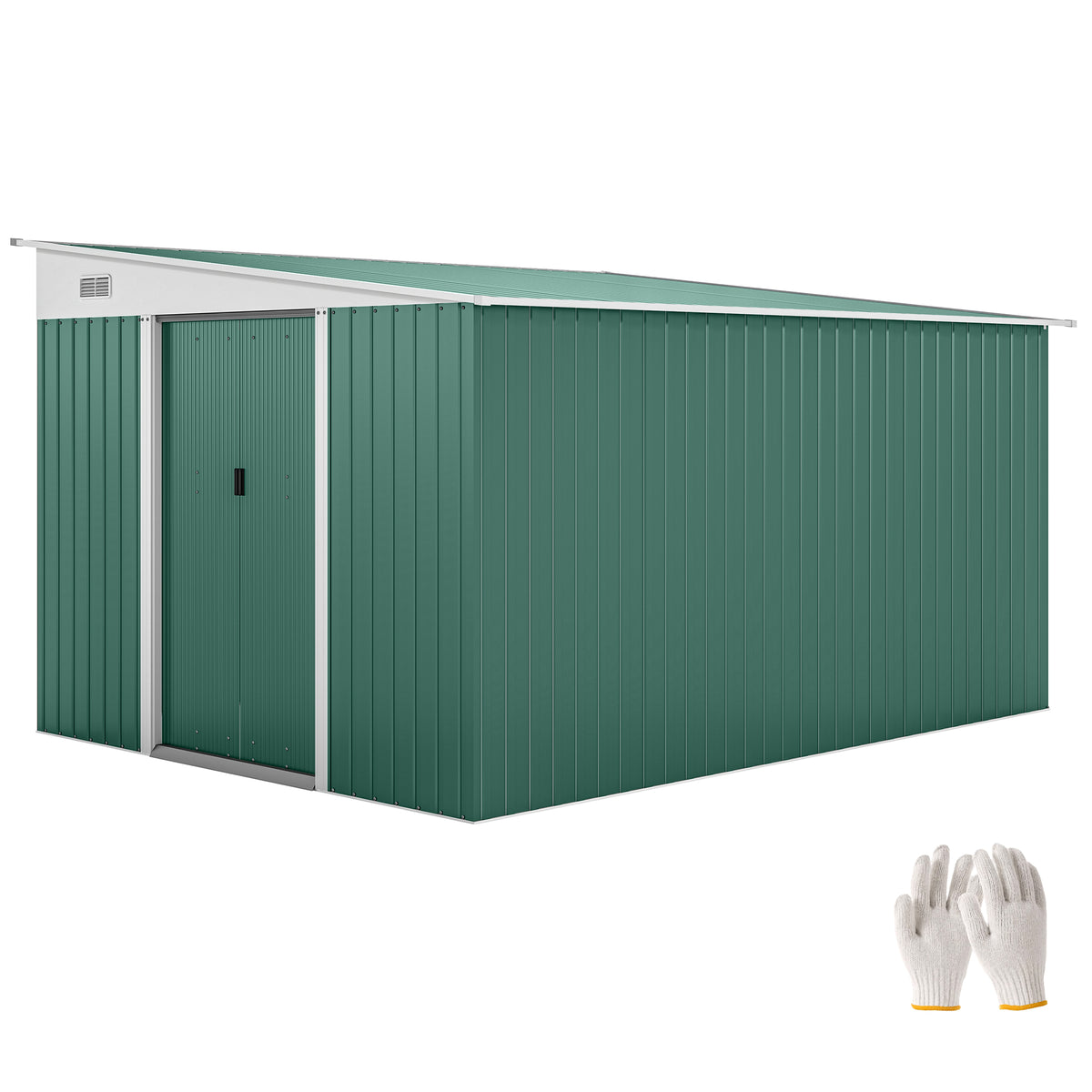 Outsunny Garden Metal Storage Shed Outdoor Metal Tool House with Double Sliding Doors and 2 Air Vents, 11.3x9.2ft, Green