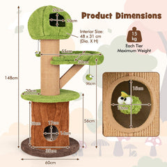 148 CM Mushroom Cat Tree with 2 Cute Condos for Indoor Cats-Green