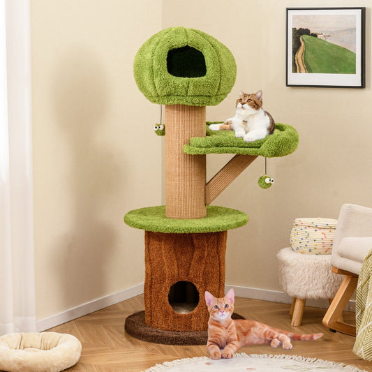 148 CM Mushroom Cat Tree with 2 Cute Condos for Indoor Cats-Green