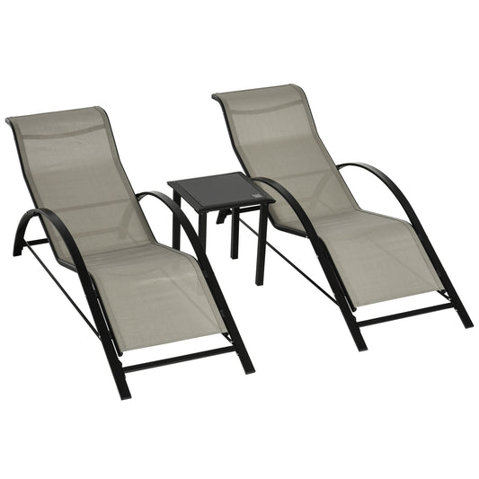 Outsunny 3 Pieces Sun Lounger Chair Set, Metal Frame Garden Outdoor Sunbathing Chair with Side Table and Armrest, Grey