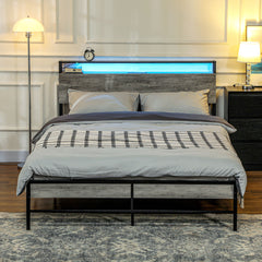 HOMCOM King Steel Bed Frame, with LED Lights and Headboard Shelf - Grey