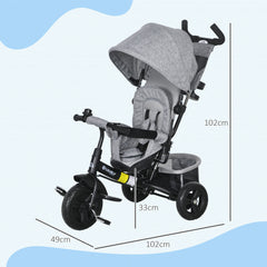 HOMCOM 6 in 1 Kids Trike with Parent Handle, Canopy, 5-point Safety Belt, Storage, Footrest, Brake, for 1-5 Years, Grey