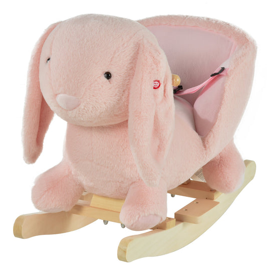 HOMCOM Kids Children Rocking Horse Plush Ride On Rabbit Seat w/ Sound Wood Base Seat Safety Belt Toddler Baby Toy Rocker Pink 18 - 36 Months