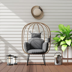 Outsunny Rattan Egg Chair Outdoor Indoor Wicker Chair with Thickened Cushion and Headrest, Standing Garden Egg Chair with Cup Holder, Metal Frame for Patio, Balcony, Brown