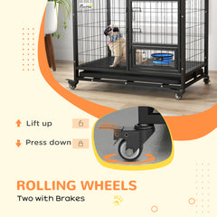 PawHut Heavy Duty Dog Crate on Wheels w/ Bowl Holder, Removable Tray, Openable Top, Detachable Door, for M, L Dogs