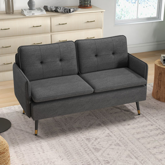 HOMCOM Modern Two Seater Sofa, Button Tufted Loveseat with Cushions and Steel Legs for Living Room, Guest Room, Dark Grey