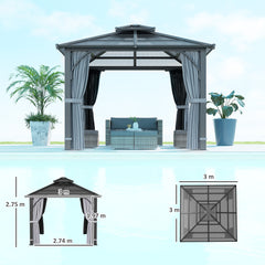 Outsunny 3 x 3(m) Hardtop Gazebo Canopy with 7mm Double Polycarbonate Roof, Garden Gazebo Permanent Pavilion with Mosquito Netting and Curtains for Patio, Deck, Dark Grey