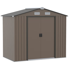 Outsunny 7 x 4ft Metal Garden Shed, Outdoor Storage Tool House with Ventilation Slots, Foundation Kit and Lockable Double Doors, Brown