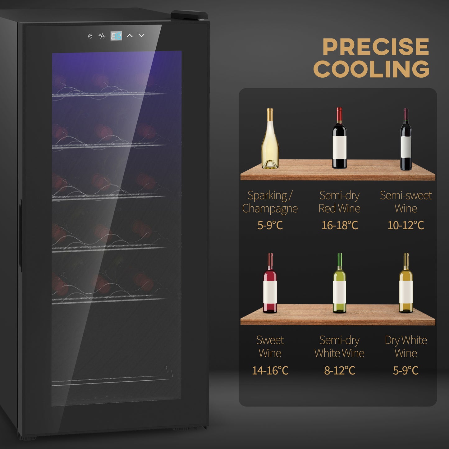 HOMCOM 50L Wine Cooler, 18 Bottles, 5-18√Ç¬∞ Freestanding Wine Fridge with Glass Door, LED Light, Temperature Control and Digital Touch Screen, Black