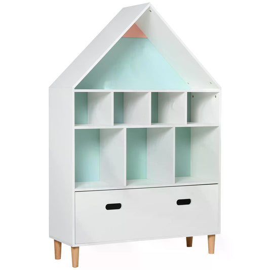 HOMCOM Kids House-Designed Bookshelf, with Drawer √¢‚Ç¨‚Äú Blue & White