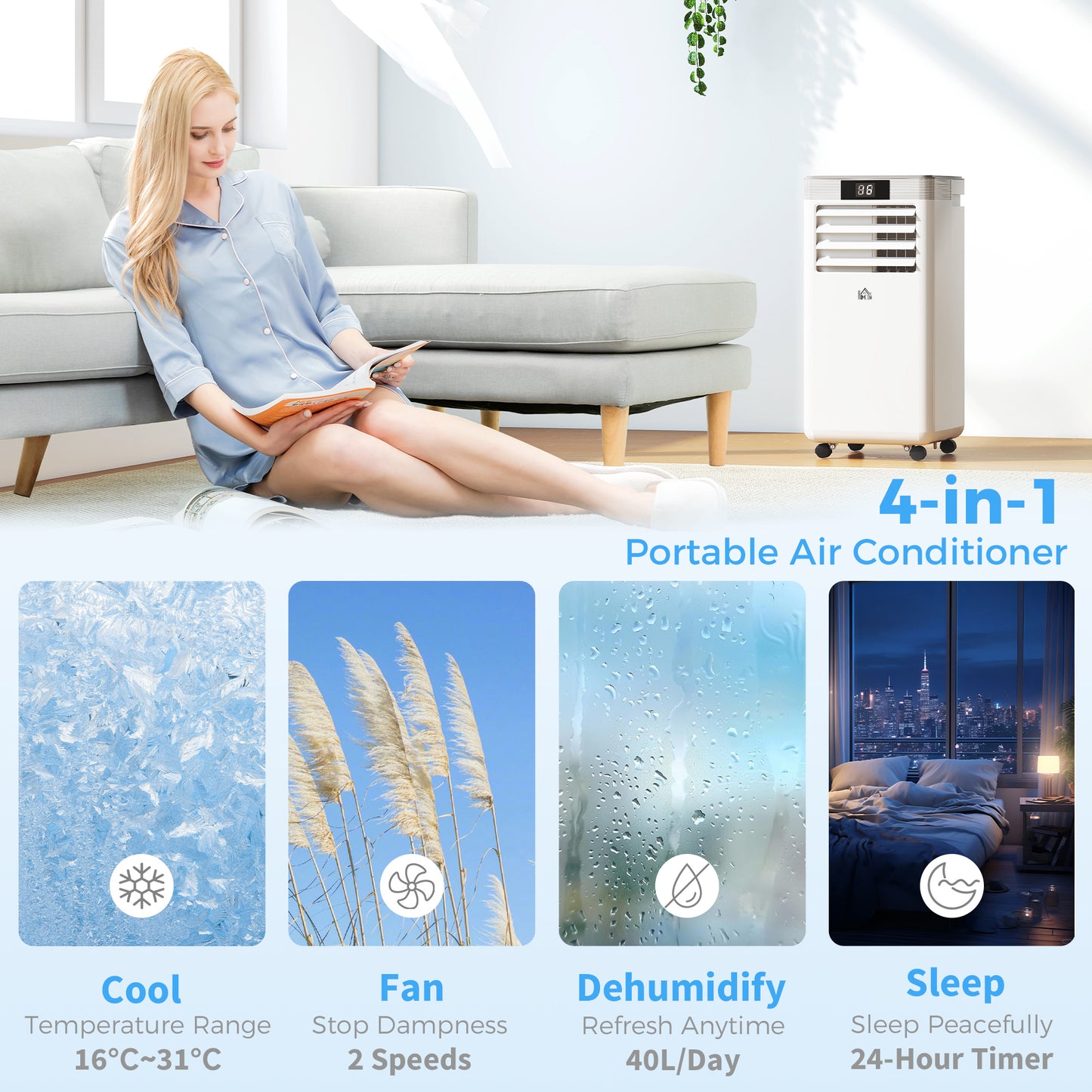 HOMCOM 10000 BTU Air Conditioning Unit, 4-in-1 Portable Air Conditioner, Dehumidifier, Cooling, Fan, Sleep Mode, with Remote Control, LED Display, 2 Speeds, 24H Timer, Window Venting Kit, 22m√Ç¬≤