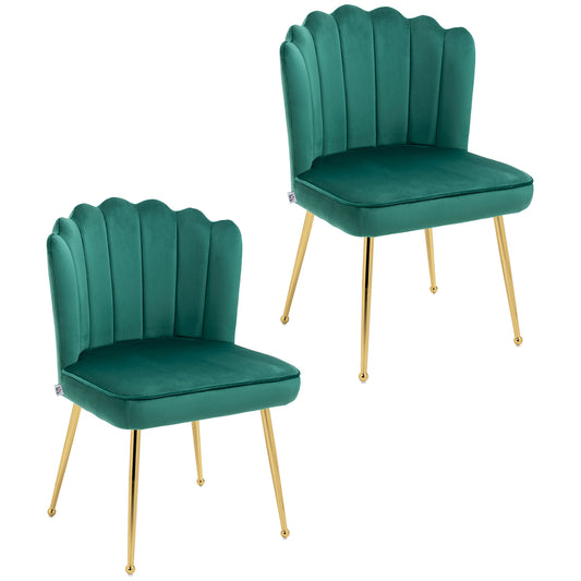 HOMCOM Shell Dining Chairs Set of 2, Upholstered Kitchen Chairs with Gold Metal Legs and Backrest, Velvet Fabric Lounge Leisure Chairs for Living Room, Reception Room, Green