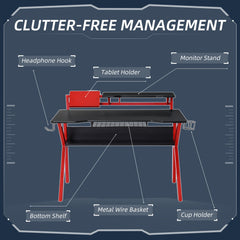مكتب ألعاب هومكوم، طاولة كمبيوتر مع حامل شاشة، حامل أكواب، خطاف سماعة رأس، سلة أسلاك وإطار معدني، 120 سم، أحمر