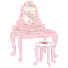 AIYAPLAY Kids Dressing Table Set, Vanity Table with Stool, Mirror, Drawer, Desktop Storage, Strawberry Theme, Pink