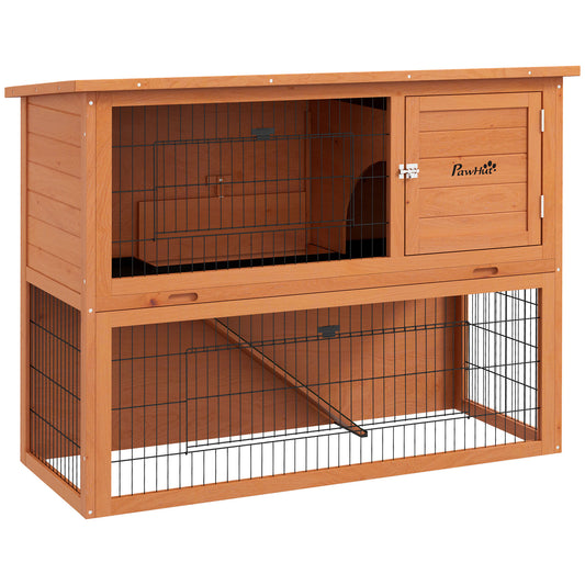 PawHut Two-Tier Antiseptic Wood Rabbit Hutch, 92cm Guinea Pig Hutch with Run - Orange