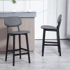 HOMCOM Bar Stools Set of 2, Contemporary Breakfast Bar Chairs, Faux Leather Upholstered Kitchen Stools with Backs and Solid Wood Legs, Dark Grey