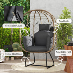 Outsunny Rattan Egg Chair Outdoor Indoor Wicker Chair with Thickened Cushion and Headrest, Standing Garden Egg Chair with Cup Holder, Metal Frame for Patio, Balcony, Brown