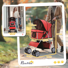 PawHut Pet Stroller for Small Miniature Dogs Cats Foldable Travel Carriage with Wheels Zipper Entry Cup Holder Storage Basket Red