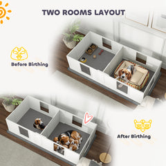 PawHut Two Room Design, Whelping Box for Dogs with Whelping Pad, Clear Panels, Adjustable Entrance, for Medium Dogs, 196 x 96cm