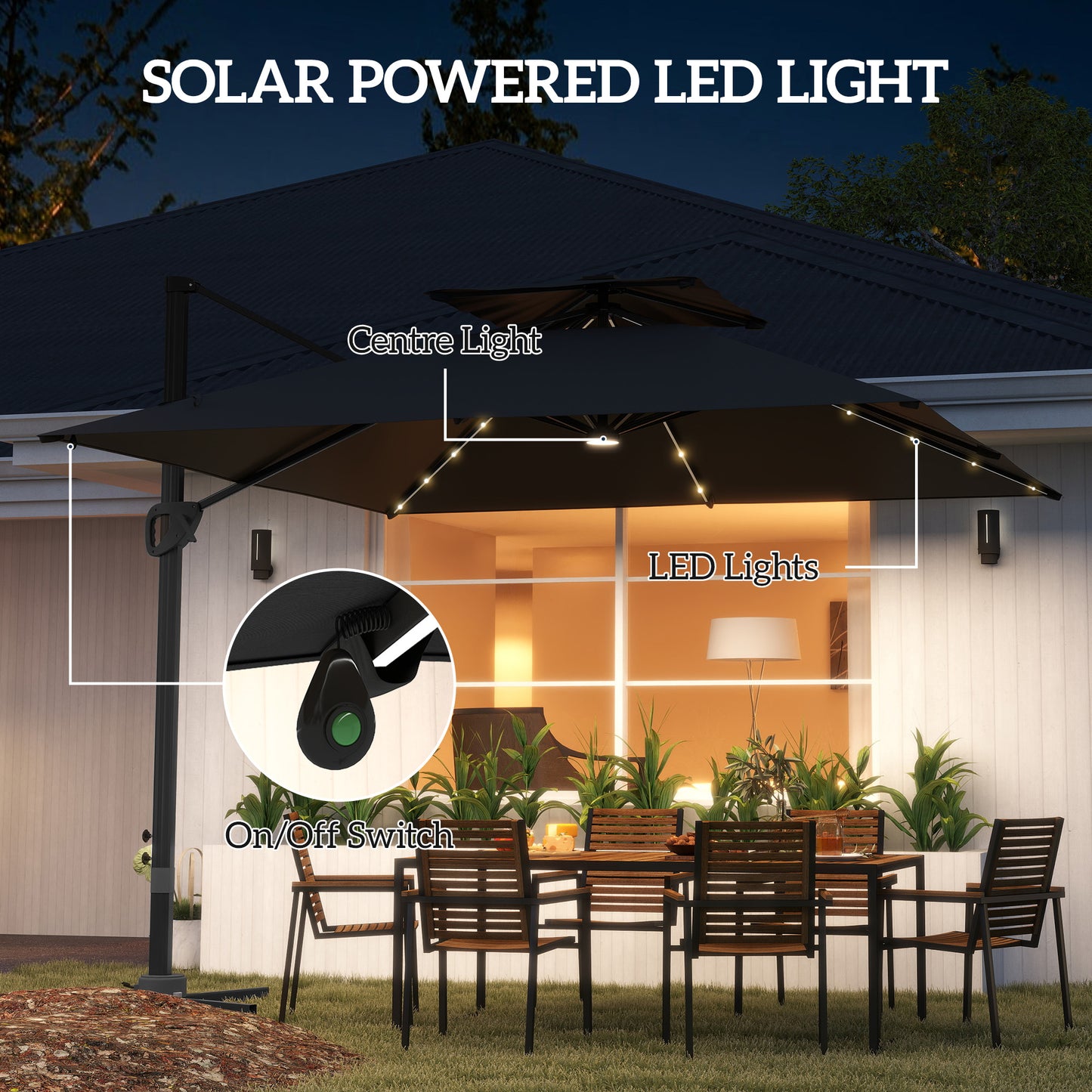 Outsunny 3.5x3 m Garden Cantilever Parasol with Solar LED Lights and Centre Light, UPF50+ Aluminium Patio Umbrella with 360√Ç¬∞ Rotation and Tilt, Hanging Sun Shade with Cross Base, Crank Handle, Black