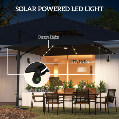 Outsunny 3.5x3 m Garden Cantilever Parasol with Solar LED Lights and Centre Light, UPF50+ Aluminium Patio Umbrella with 360√Ç¬∞ Rotation and Tilt, Hanging Sun Shade with Cross Base, Crank Handle, Black