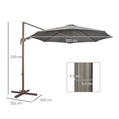 Outsunny 3(m) Cantilever Parasol 360√Ç¬∞ Rotation Roma Umbrella Hanging Sun Shade with Aluminium Frame, Tilt Crank, 8 Ribs and Cross Base, Dark Grey