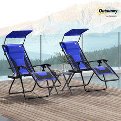 Outsunny Zero Gravity Lounger Chair Set of 2, Folding Reclining Patio Chair with Shade Cover, Cup Holder, Soft Cushion and Headrest for Poolside, Camping, Blue