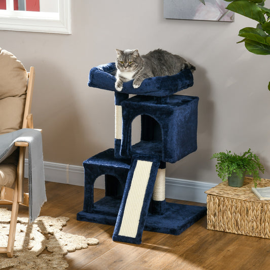 PawHut Sisal Cat Rest & Play Activity Tree w/ 2 House Navy Blue