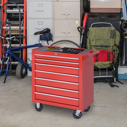 DURHAND 7-Drawer Rolling Tool Chest on Wheels, Lockable Tool Cabinet with Side Handle, Metal Tool Box Trolley for Garage, Workshop, Red