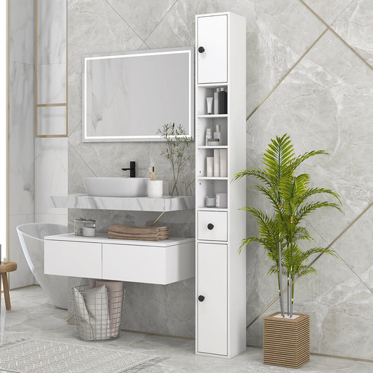 kleankin 180cm Tall Bathroom Cabinet, Slim Bathroom Storage Cabinet with 4 Open Shelves, 2 Door Cupboards and Adjustable Shelves, White