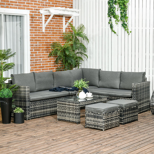 Outsunny 6 Piece Rattan Garden Furniture Set, 8-Seater Outdoor Sofa Sectional with 3 Cushioned Loveseat 2 Footstools Table Grey