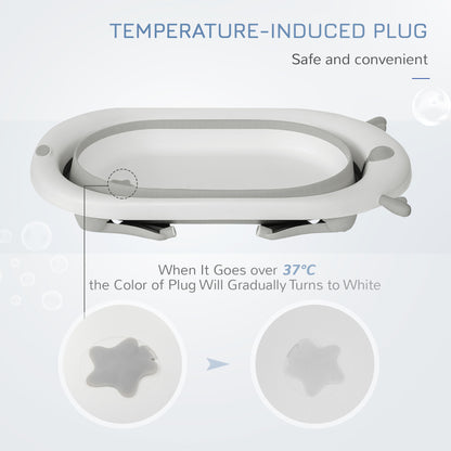 HOMCOM Foldable Baby Bathtub Set, Collapsible Bath Tub with Thermostatic Water Plug, Non-Slip Support, Cushion Pad, Drain Plugs, for Newborn to 3 Years - Offwhite