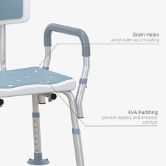 HOMCOM EVA Padded Shower Chair for the Elderly and Disabled, Height Adjustable Shower Stool with Back and Arms, 4 Suction Foot Pads, Light Blue