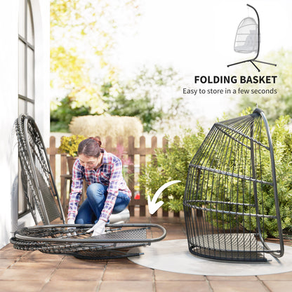 Outsunny Rattan Hanging Egg Chair with Stand, Foldable Wicker Swing Egg Chair with Cushion, Head Pillow, Steel Frame, Hammock Chair for Indoor Outdoor, Capacity 150 kg, Dark Grey