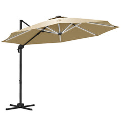 Outsunny 3(m) Adjustable Cantilever Parasol with Base, Solar LED Lights, Khaki