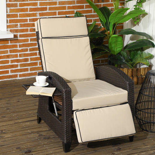 Outsunny Outdoor Recliner Chair with Adjustable Backrest and Footrest, Cushion, Side Tray, Khaki