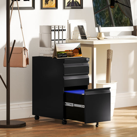 Vinsetto 3-Drawer Steel Filing Cabinet with Lock and Wheels - Black