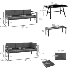 Outsunny√Ç 4√Ç Piece√Ç L-shaped Garden Furniture Set 8-Seater Aluminium Outdoor Dining Set Conversation Sofa Set w/ Bench, Dining Table & Cushions,√Ç Grey