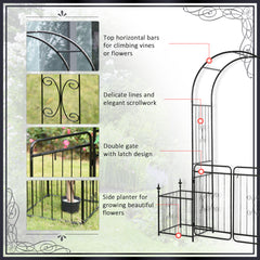 Outsunny Metal Garden Arbor Arch with Double Doors, 2 Side Planter Baskets, Climbing Vine Frame, Black