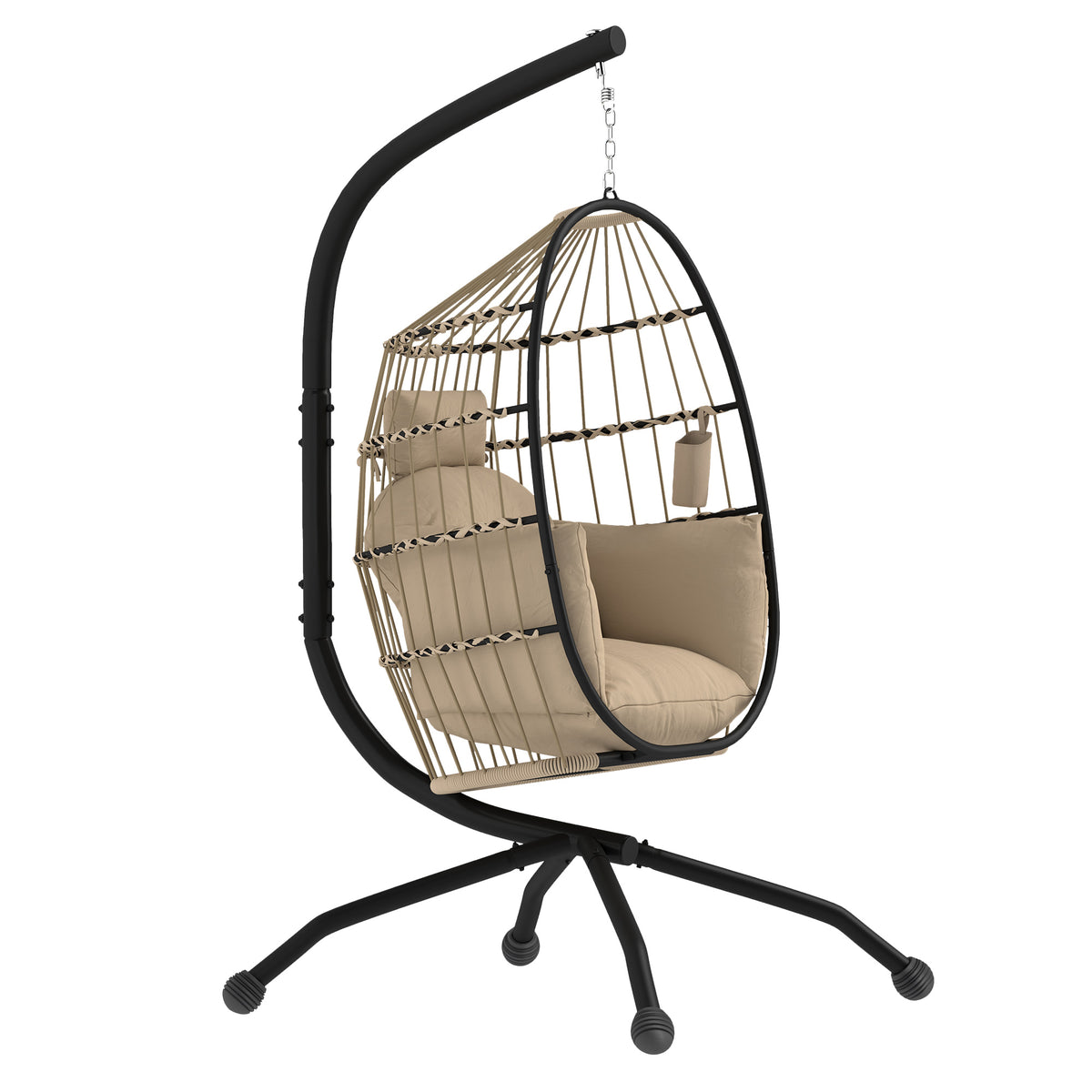 Outsunny Hanging Egg Chair Outdoor Indoor Garden Swing Chair with Folding Basket and Thickened Cushion, Garden Hanging Chair with Stand, Headrest, Cup Holder for Patio, Balcony, Khaki