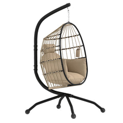 Outsunny Hanging Egg Chair Outdoor Indoor Garden Swing Chair with Folding Basket and Thickened Cushion, Garden Hanging Chair with Stand, Headrest, Cup Holder for Patio, Balcony, Khaki