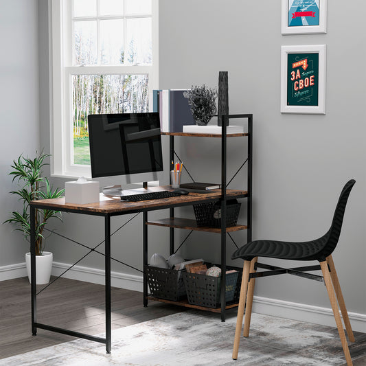 HOMCOM Reversible Computer Desk with Storage Shelves on Left or Right, Industrial Reversible Writing Desk for Home Office, Study, Easy Assembly, 120 x 64 x 121cm, Rustic Brown and Black